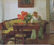 Anna Ancher Interior with poppies and reading woman oil painting reproduction